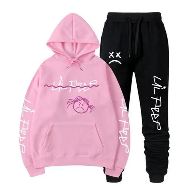 Conjuntos Moletom Lil Peep - Blusa com Capuz + Calça de Moletom, Unissex, Inverno, Forrado com Fleece, Estilo Hip Hop