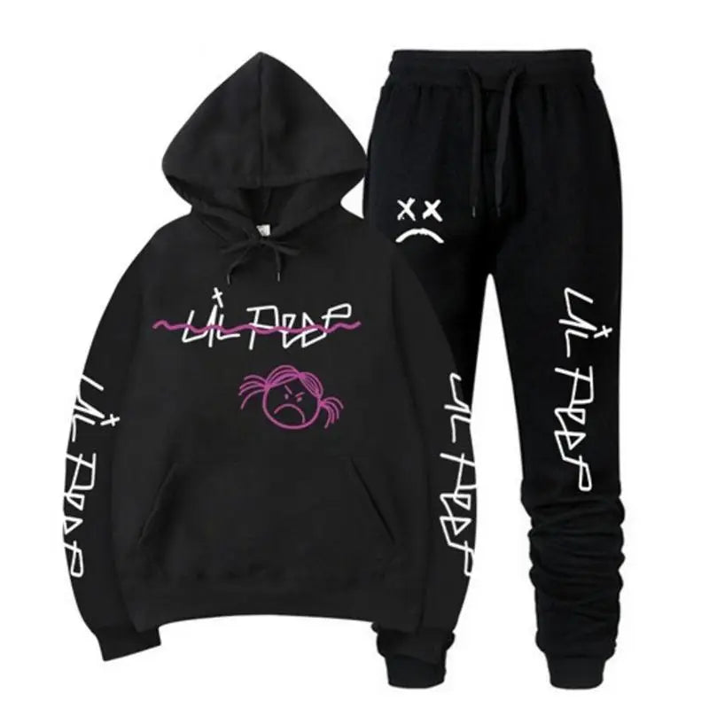 Conjuntos Moletom Lil Peep - Blusa com Capuz + Calça de Moletom, Unissex, Inverno, Forrado com Fleece, Estilo Hip Hop